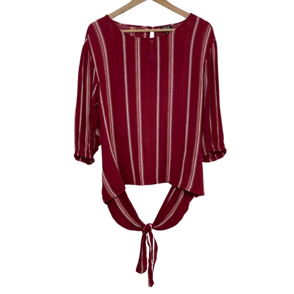 ANA | Red Striped 3/4 Elastic Sleeve Blouse with Waist Tie | Size M - Picture 2 of 10